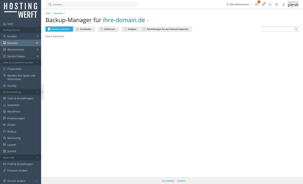 Plesk-Ansicht: Backups in Plesk erstellen und wiederherstellen