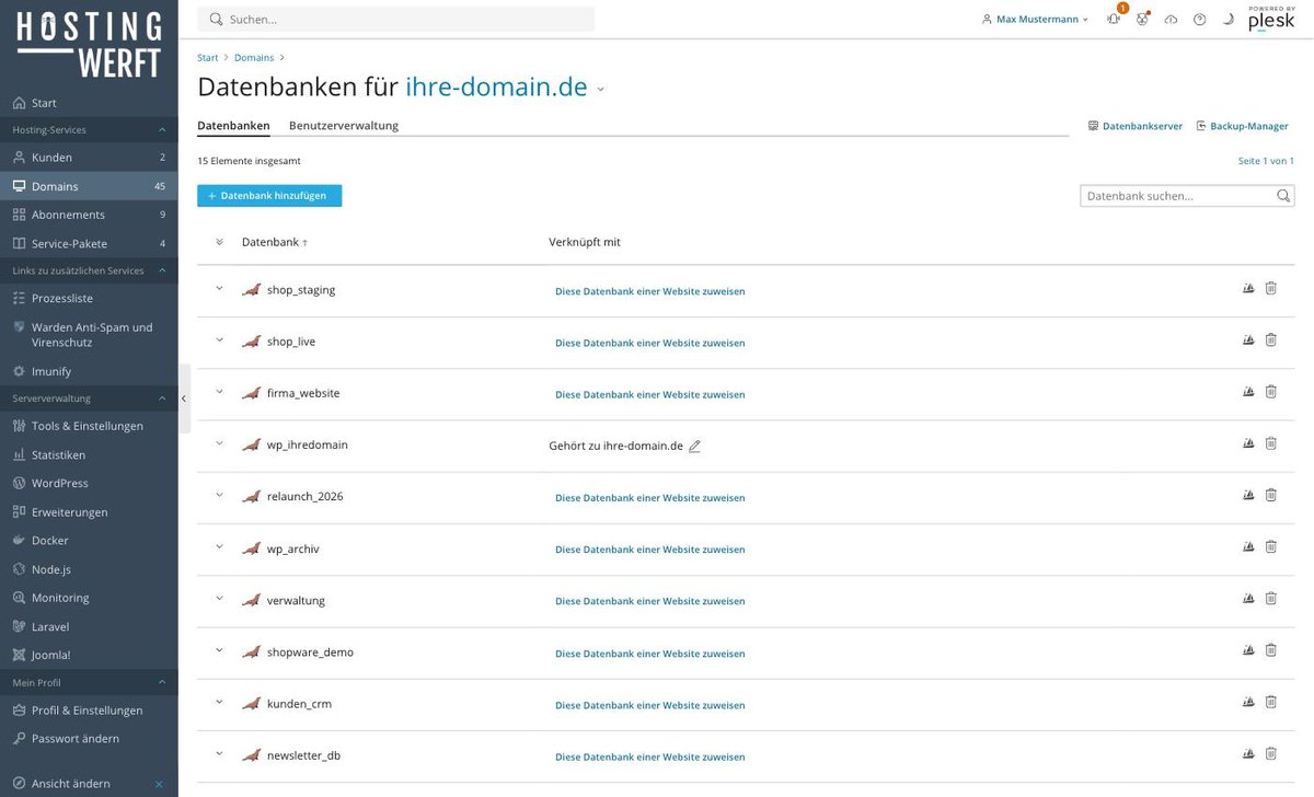 Plesk-Ansicht: MySQL-Datenbank in Plesk anlegen und mit phpMyAdmin verwalten