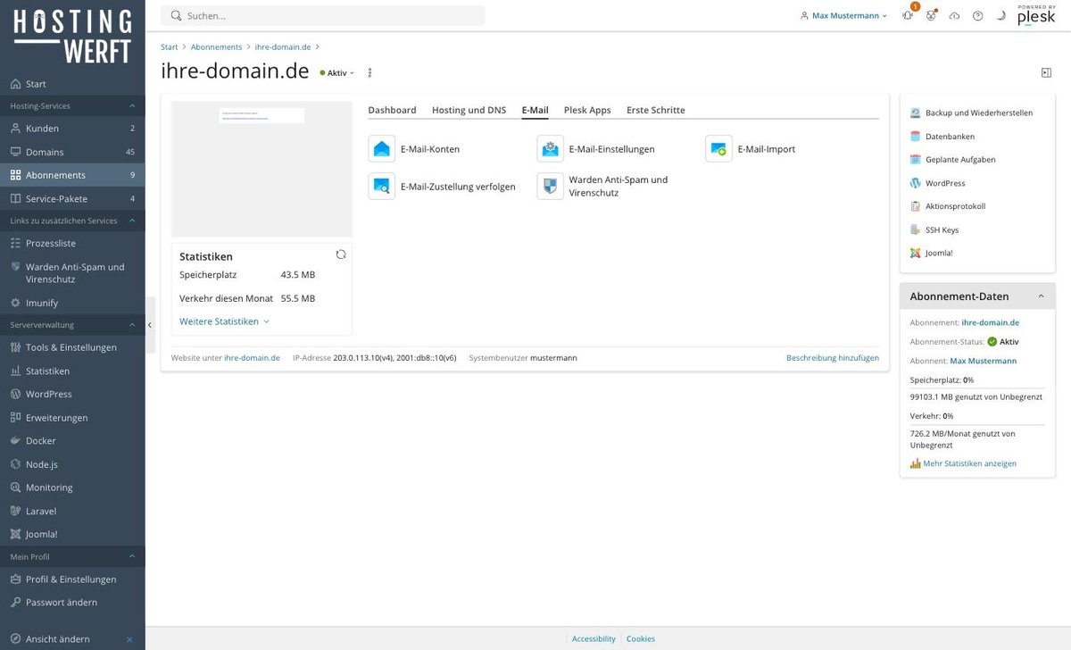 Plesk-Ansicht: E-Mail-Postfach in Plesk anlegen