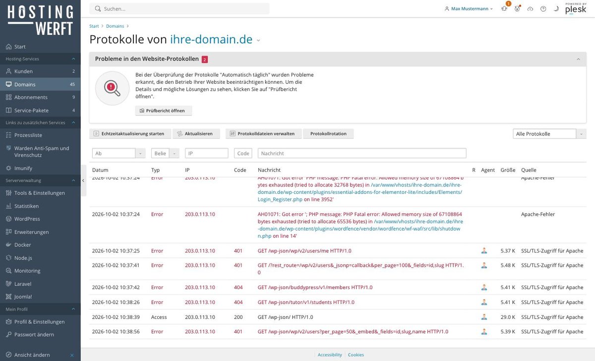 Plesk-Ansicht: Zugriffs- und Fehler-Logs in Plesk auswerten