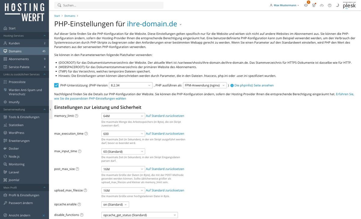 Plesk-Ansicht: PHP-Version in Plesk ändern