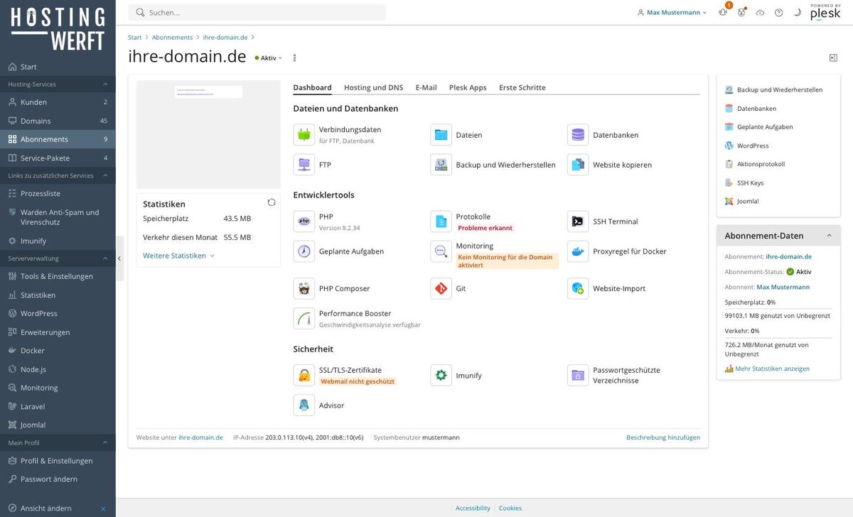 Plesk-Ansicht: In Plesk anmelden – so erreichen Sie Ihr Hosting-Panel