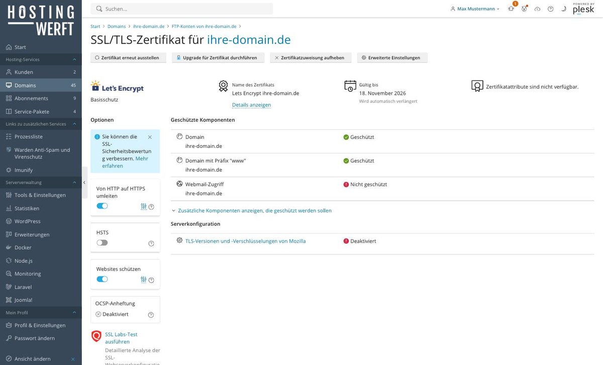 Plesk-Ansicht: Kostenloses SSL-Zertifikat (Let's Encrypt) in Plesk aktivieren