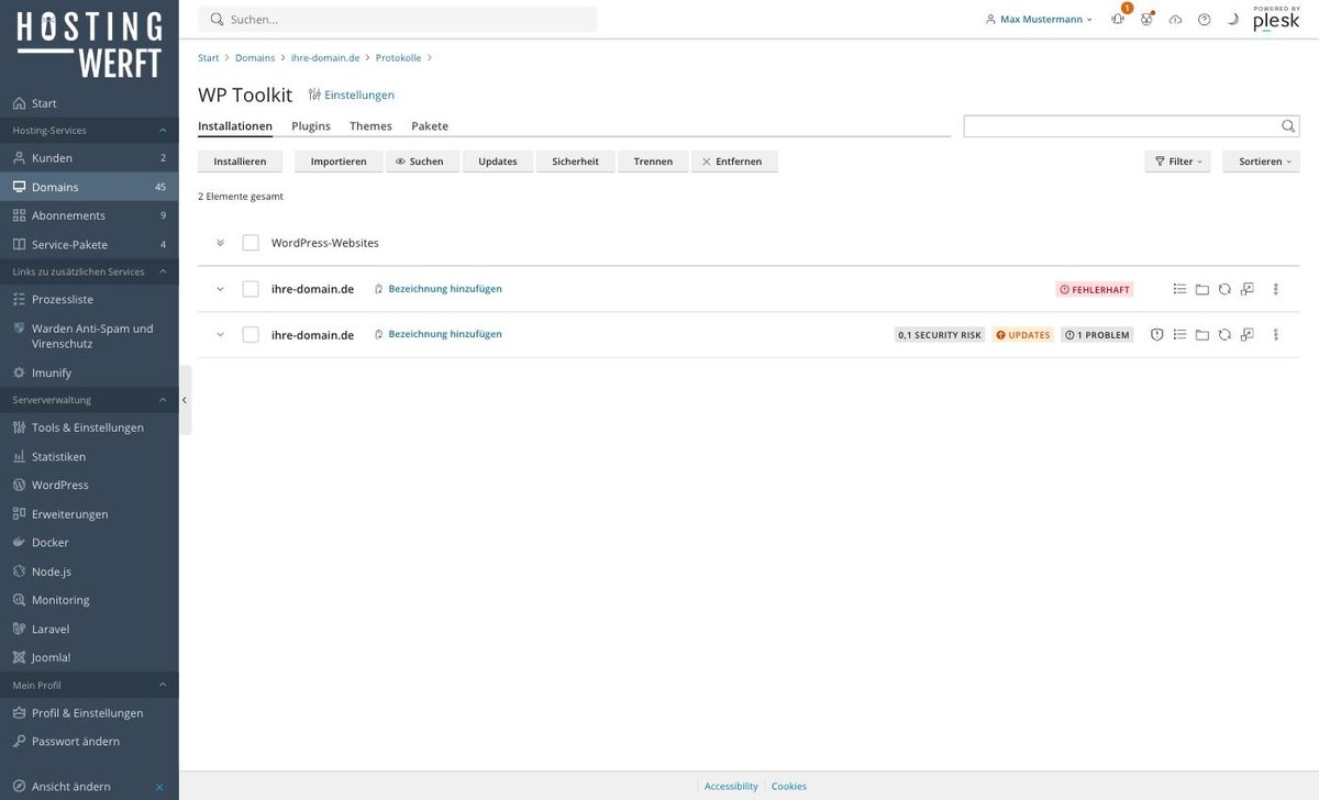 Plesk-Ansicht: WordPress mit dem WP Toolkit in Plesk installieren
